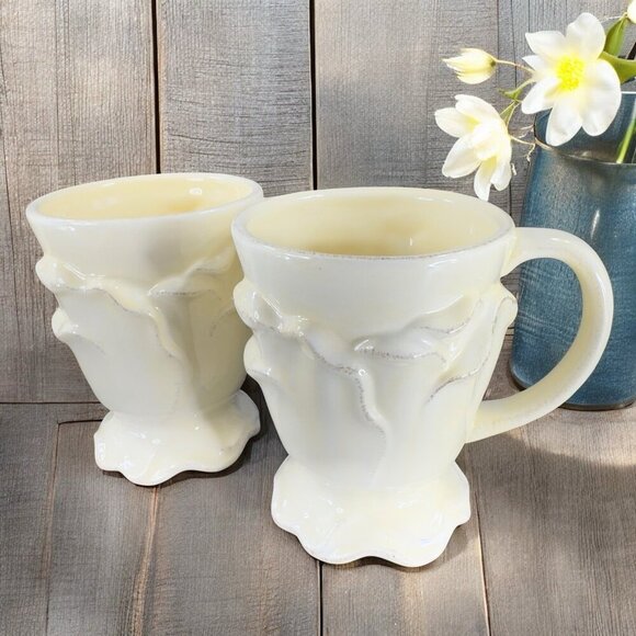 Roscher Flower Antique Butter Yellow Coffee Mug Cup Flower Shape Set 2 Mugs Cups - Picture 1 of 16